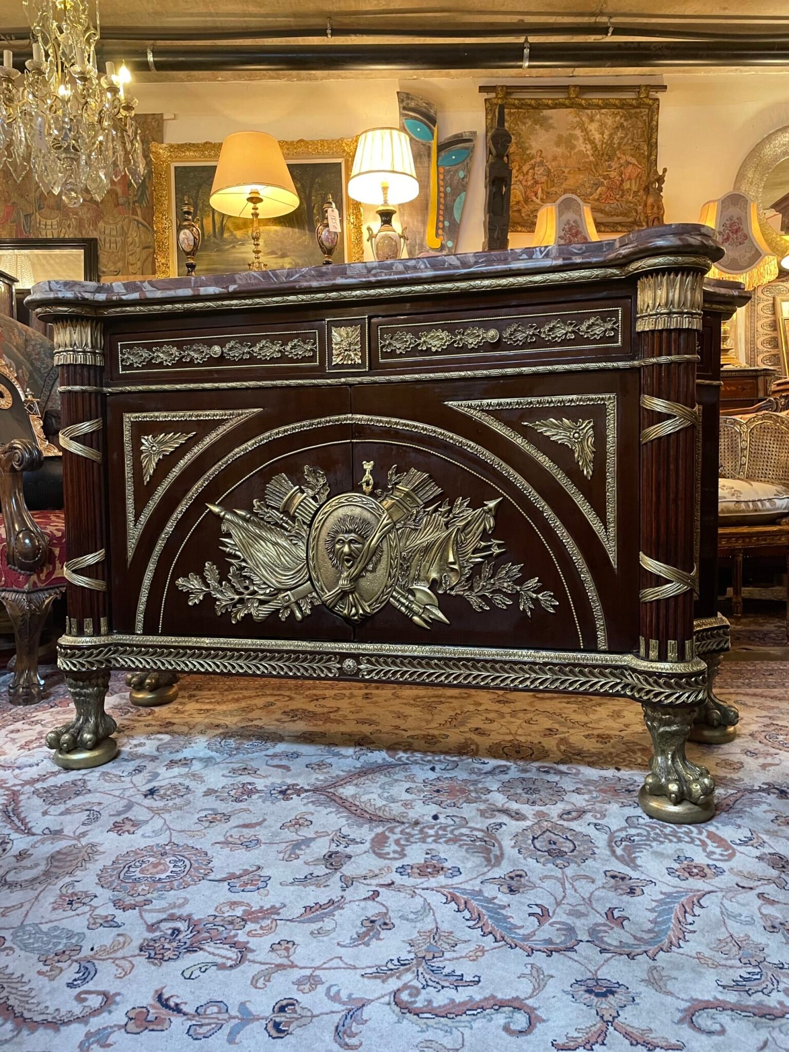 A Louis XVI Style Gilt Bronze Marble Top Mounted Mahogany Sideboard / Commode . - Image 5