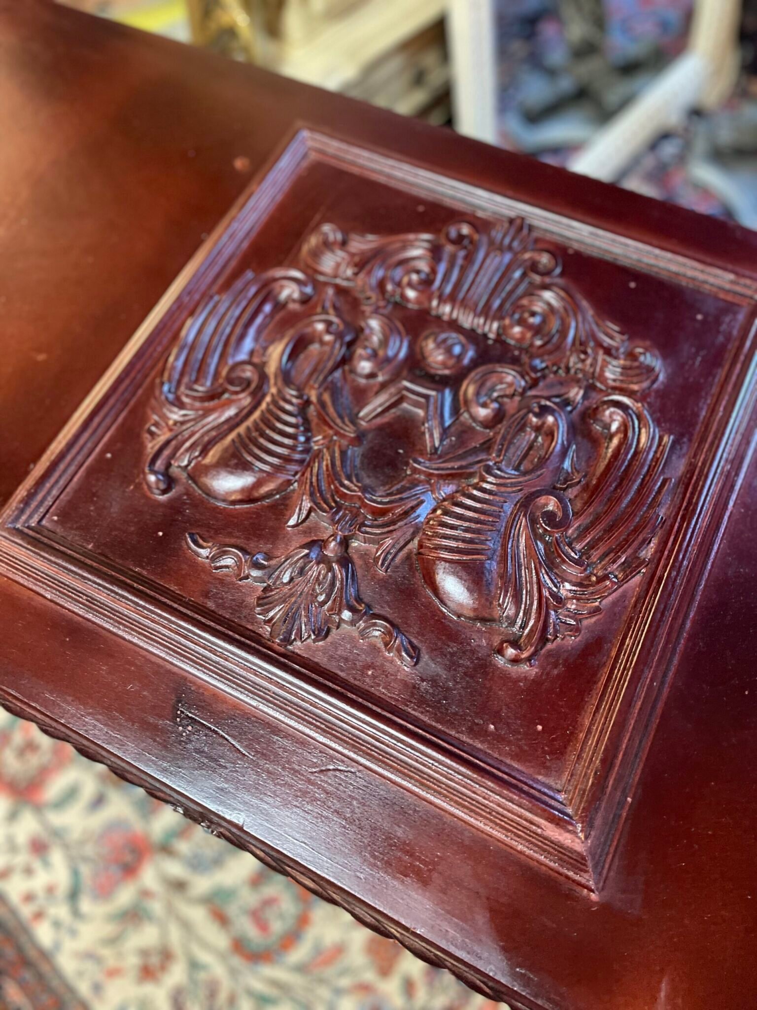 A Very Unqiue Cared Stained Wood Chest / Trunk . - Image 6