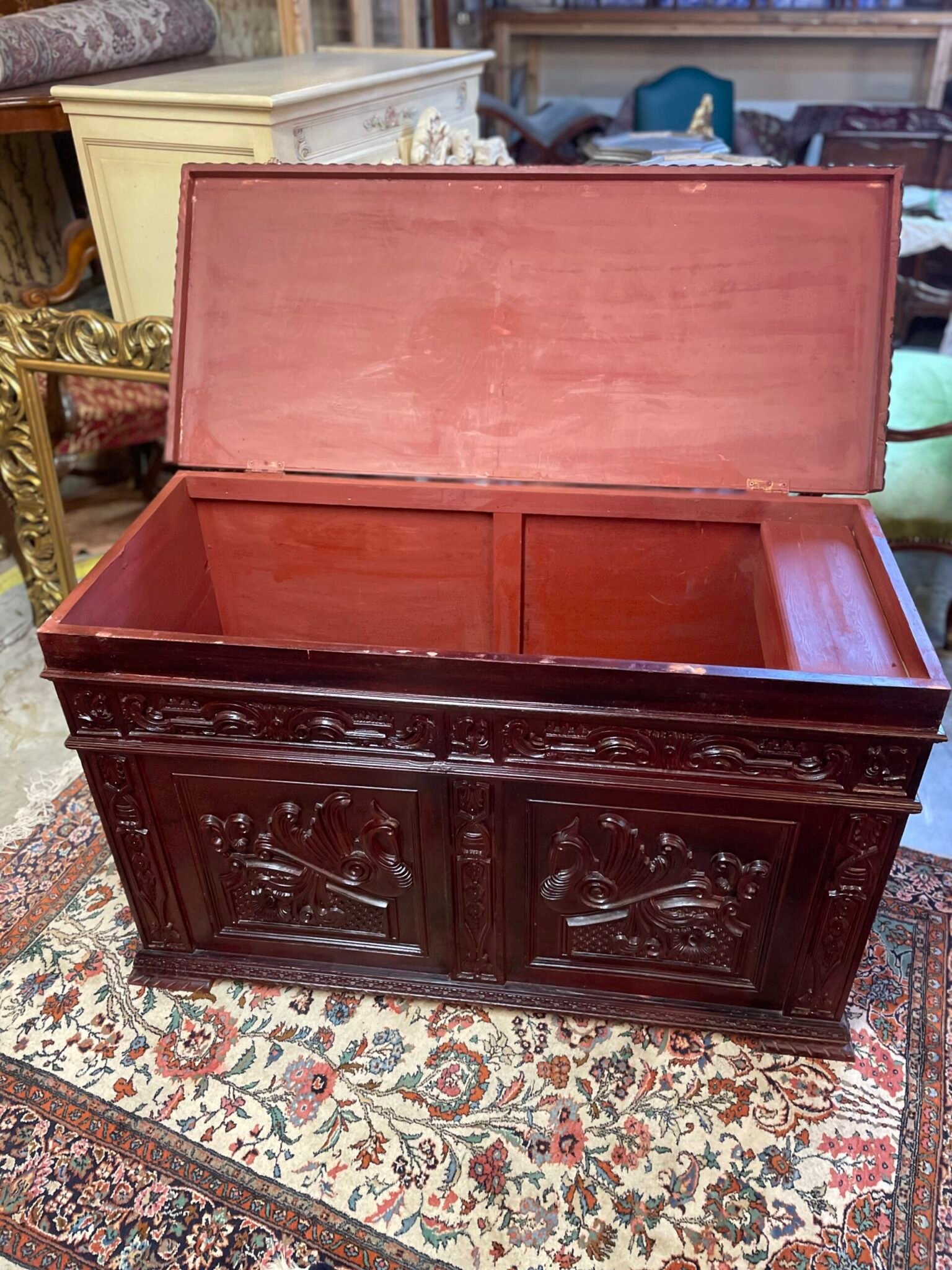 A Very Unqiue Cared Stained Wood Chest / Trunk . - Image 7