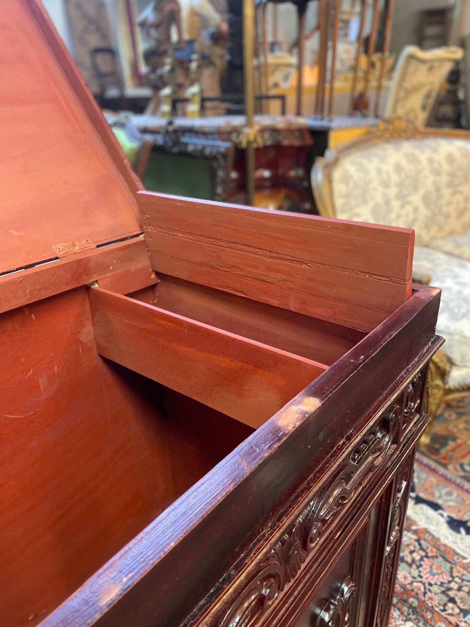 A Very Unqiue Cared Stained Wood Chest / Trunk . - Image 8