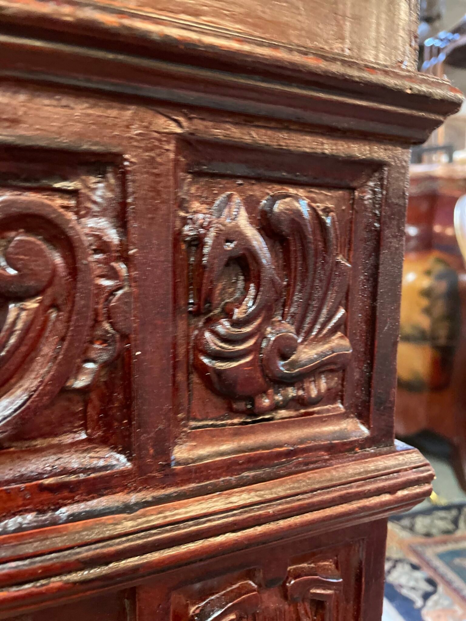 A Very Unqiue Cared Stained Wood Chest / Trunk . - Image 5