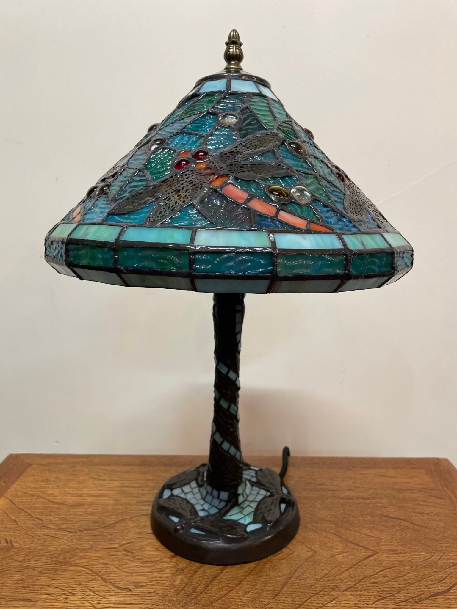 Tiffany Style Blue Mosaic Lamp with Dragonfly Motif - Image 2