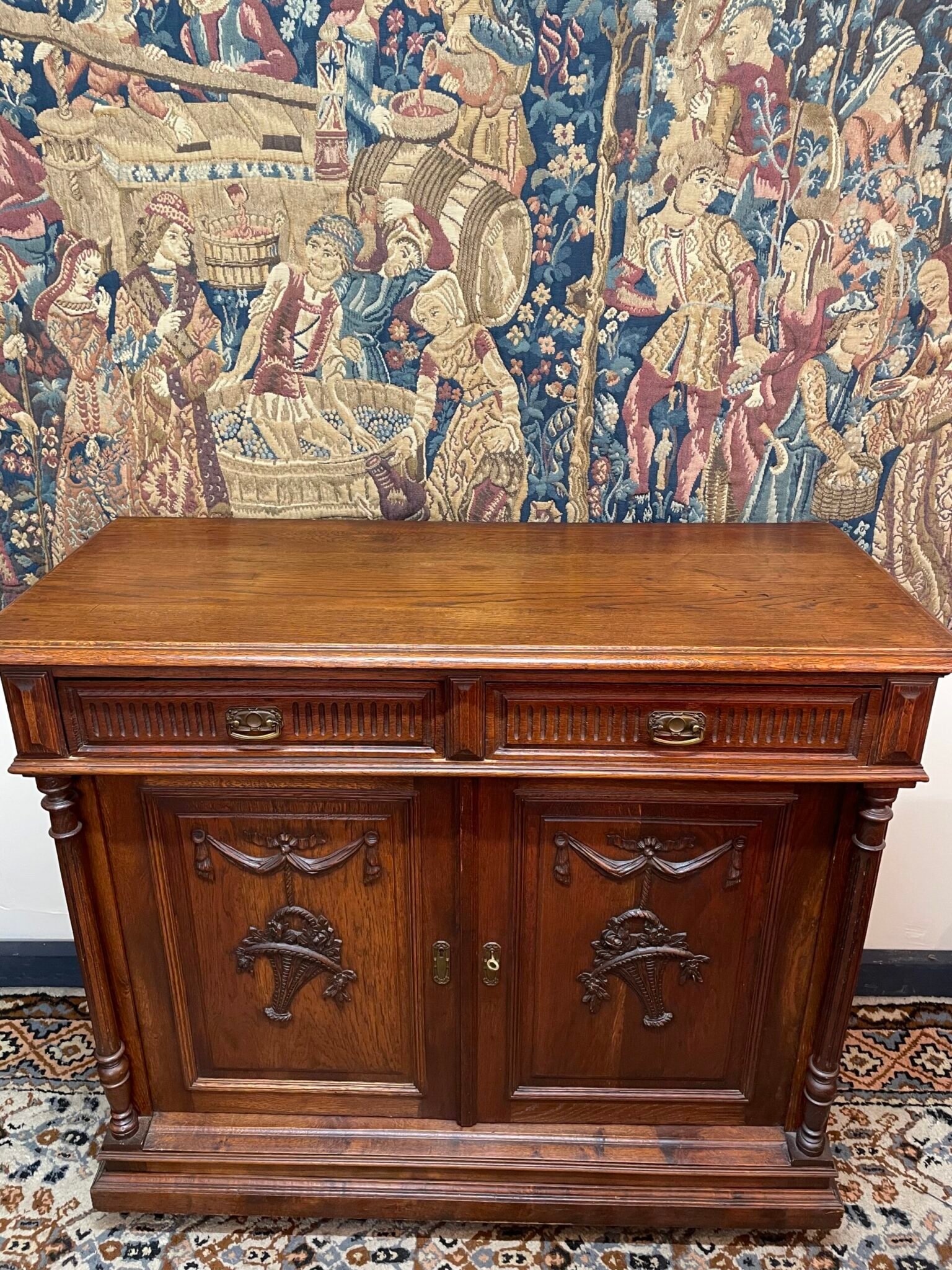 Antique French Henri II Style Oak Carved Buffet with Swags & Cornucopia Detail - Image 5
