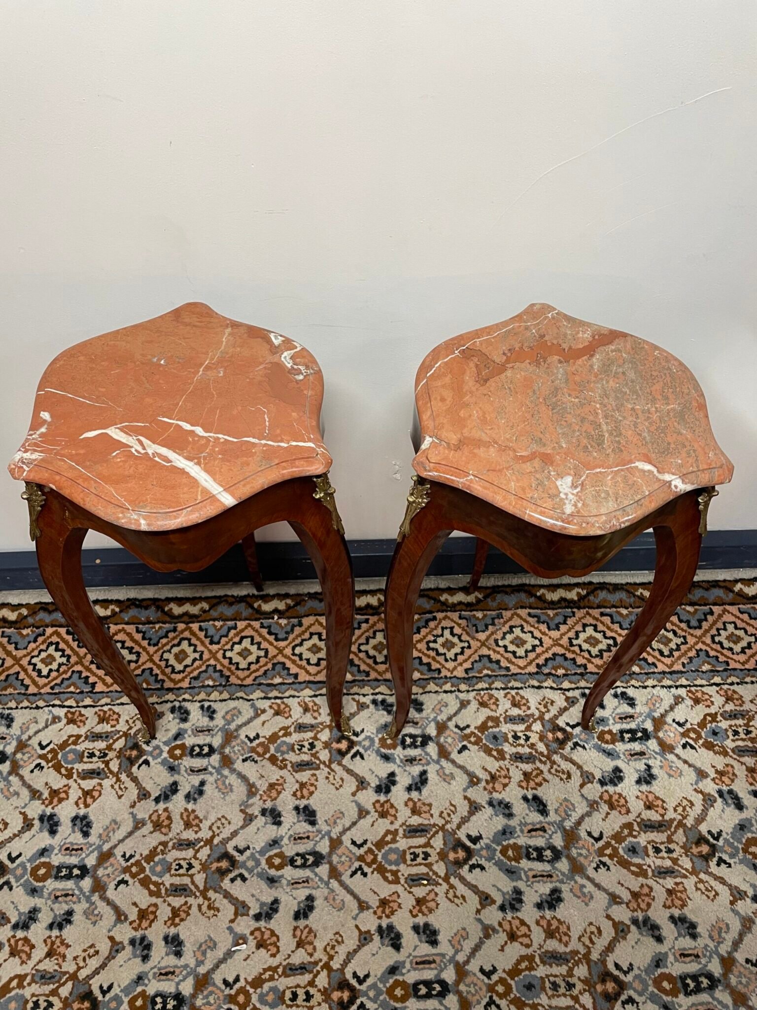 Pair of Marquetry & Brass Occasional Tables with Marble Tops. - Image 2