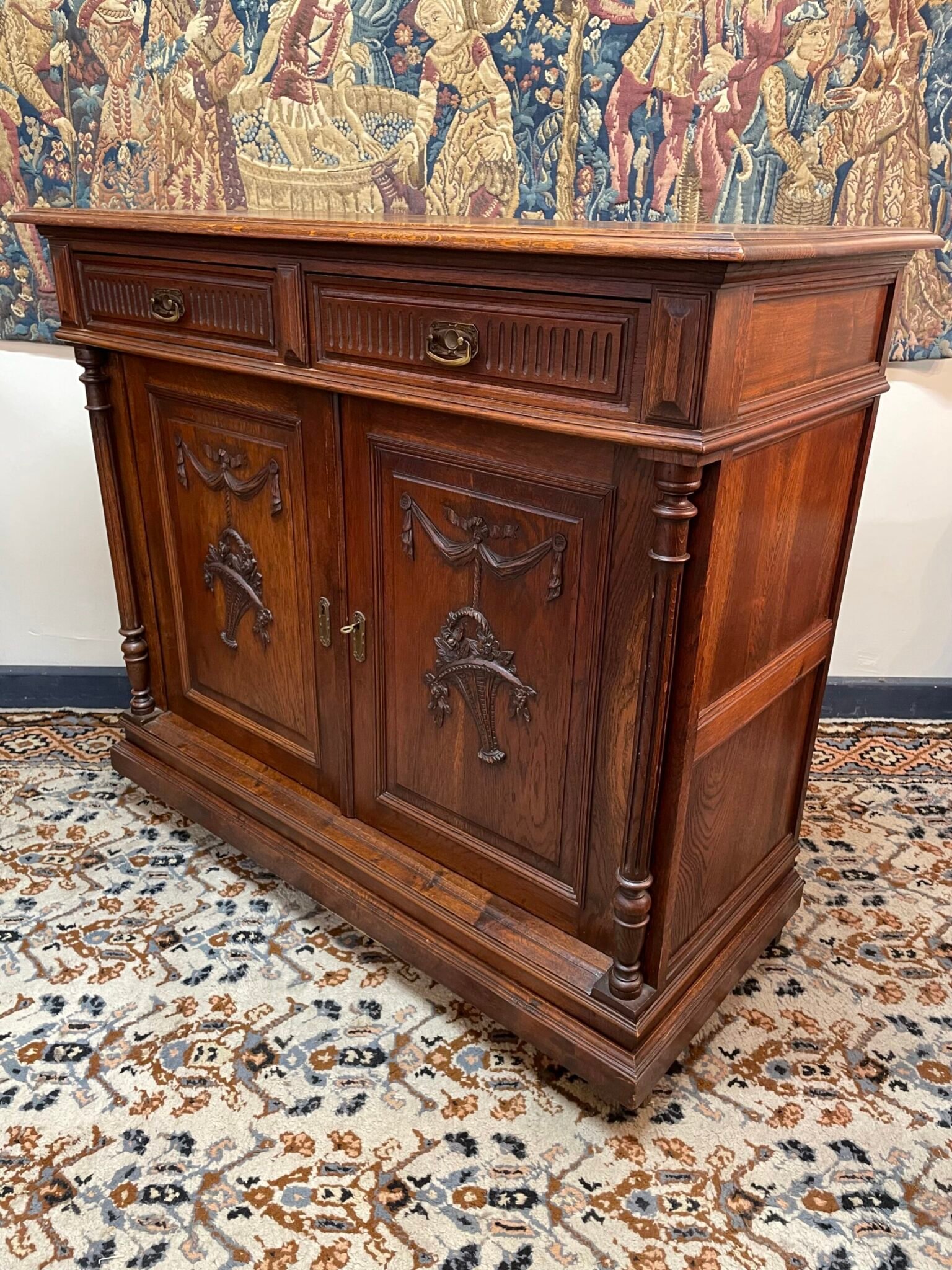 Antique French Henri II Style Oak Carved Buffet with Swags & Cornucopia Detail - Image 2