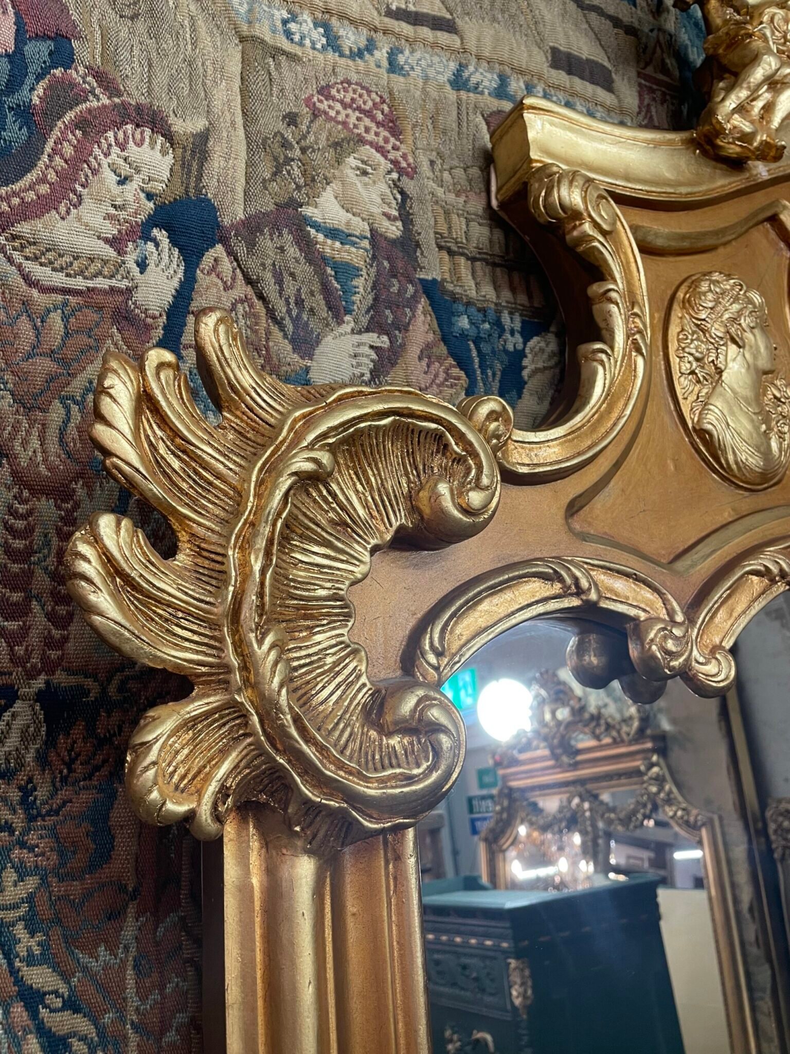 Grand French Style Gilt Mirror with Cherub & Plaques - Image 3