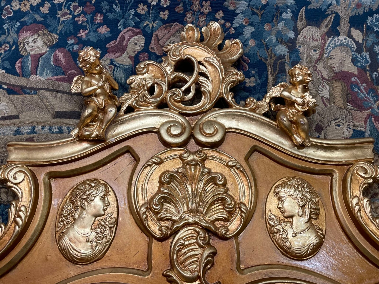 Grand French Style Gilt Mirror with Cherub & Plaques - Image 2