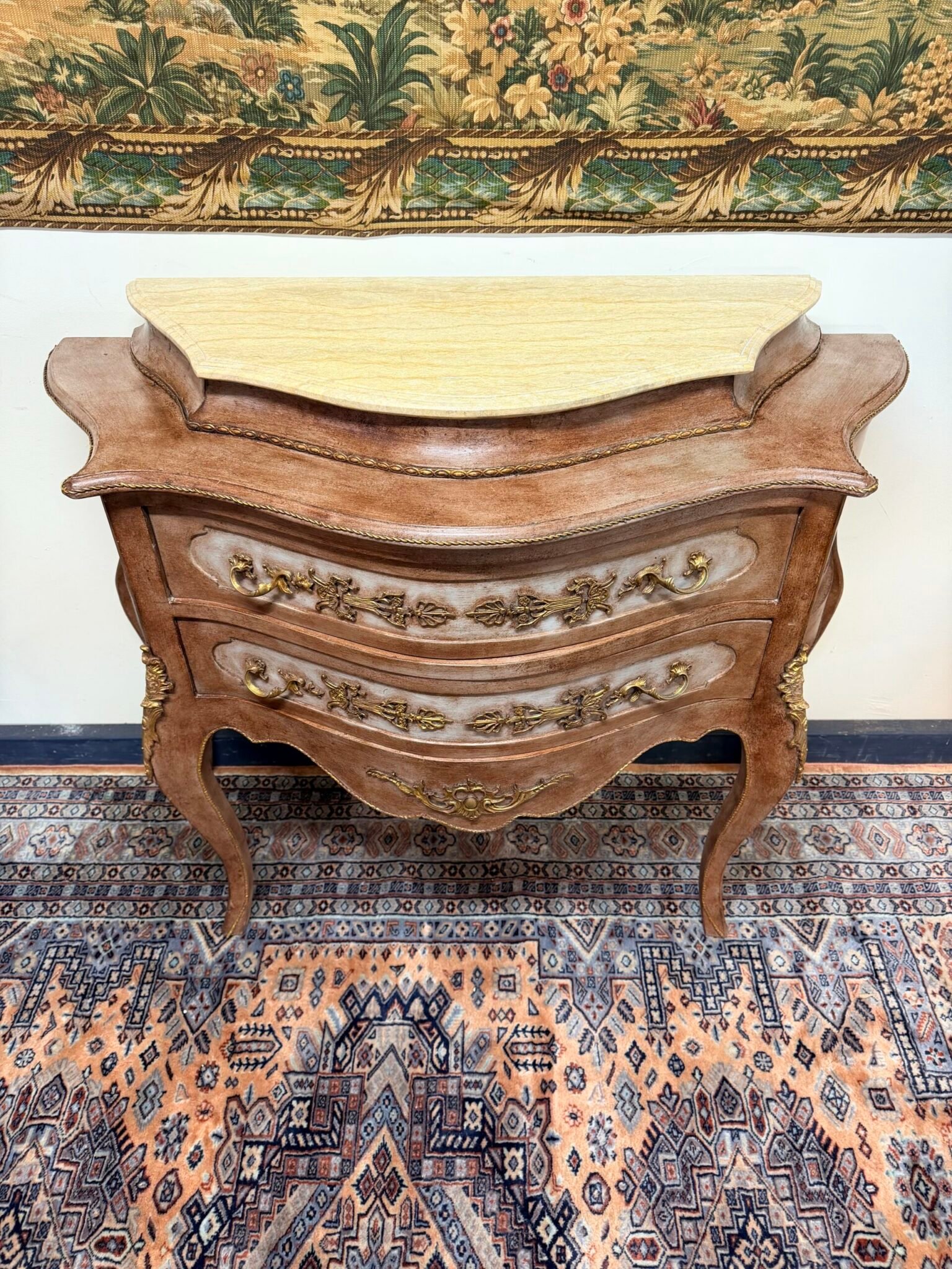 Unique Painted French Bombe Chest with Marble Top - Image 3