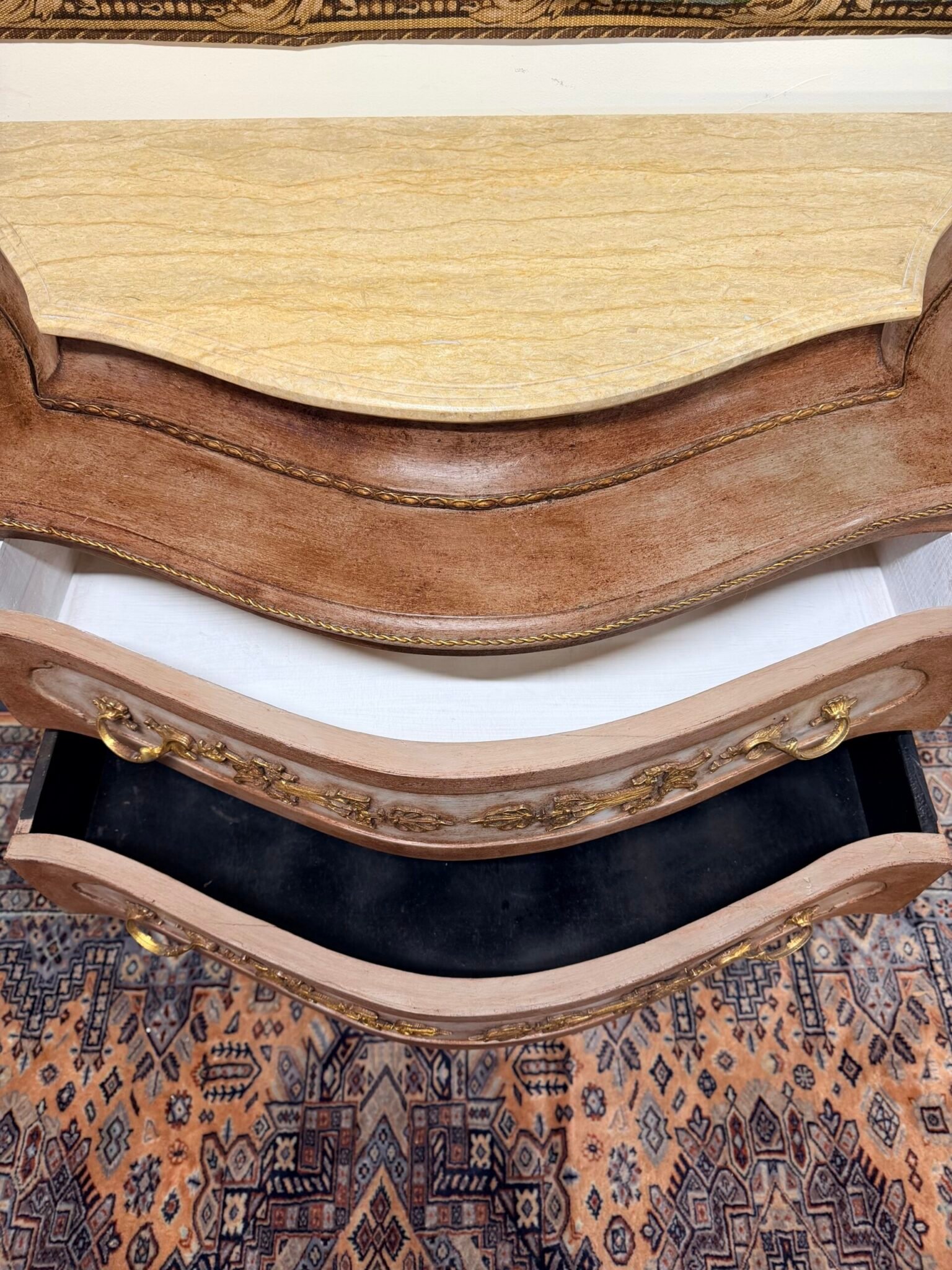 Unique Painted French Bombe Chest with Marble Top - Image 4