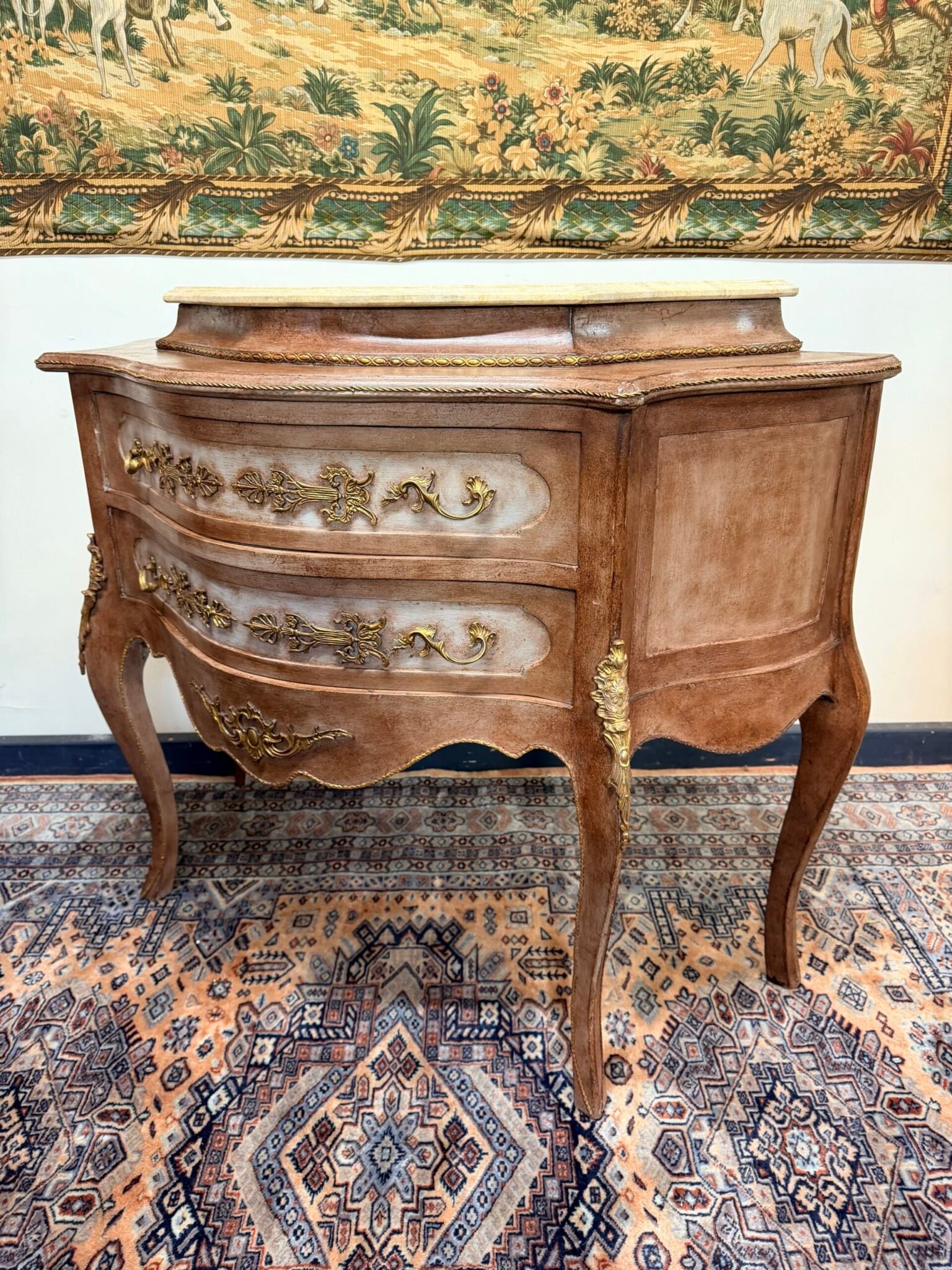 Unique Painted French Bombe Chest with Marble Top - Image 7