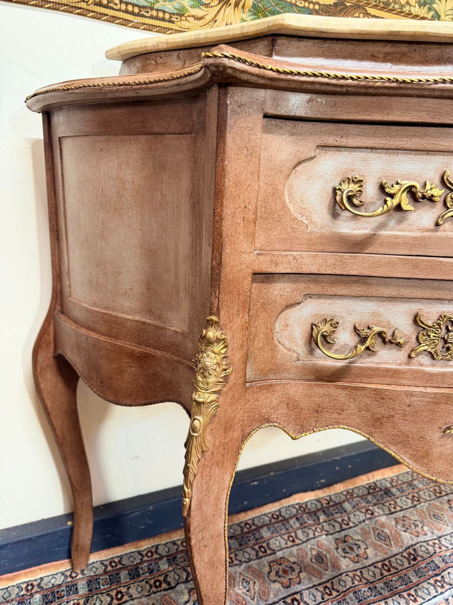 Unique Painted French Bombe Chest with Marble Top - Image 9