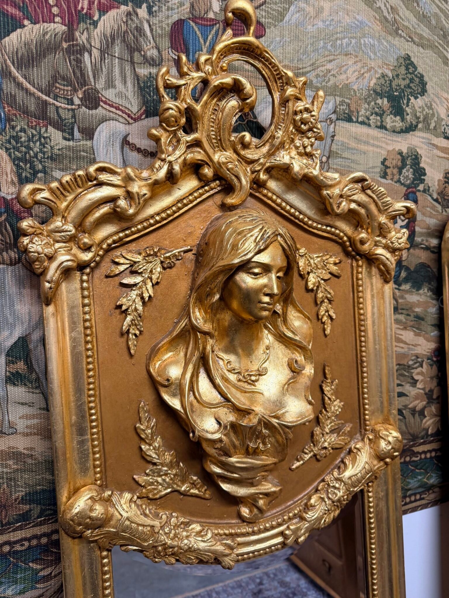 French Giltwood & Plaster Louis XVI Style Figural Beveled Mirror - Image 3
