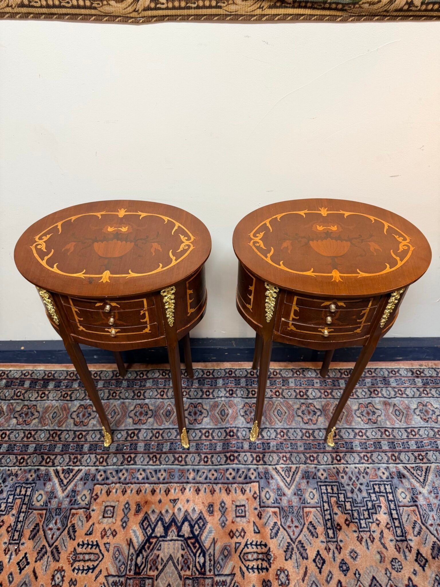 Beautiful Pair of Oval Veneer and Brass Decorated Lockers / Nightstands - Image 3