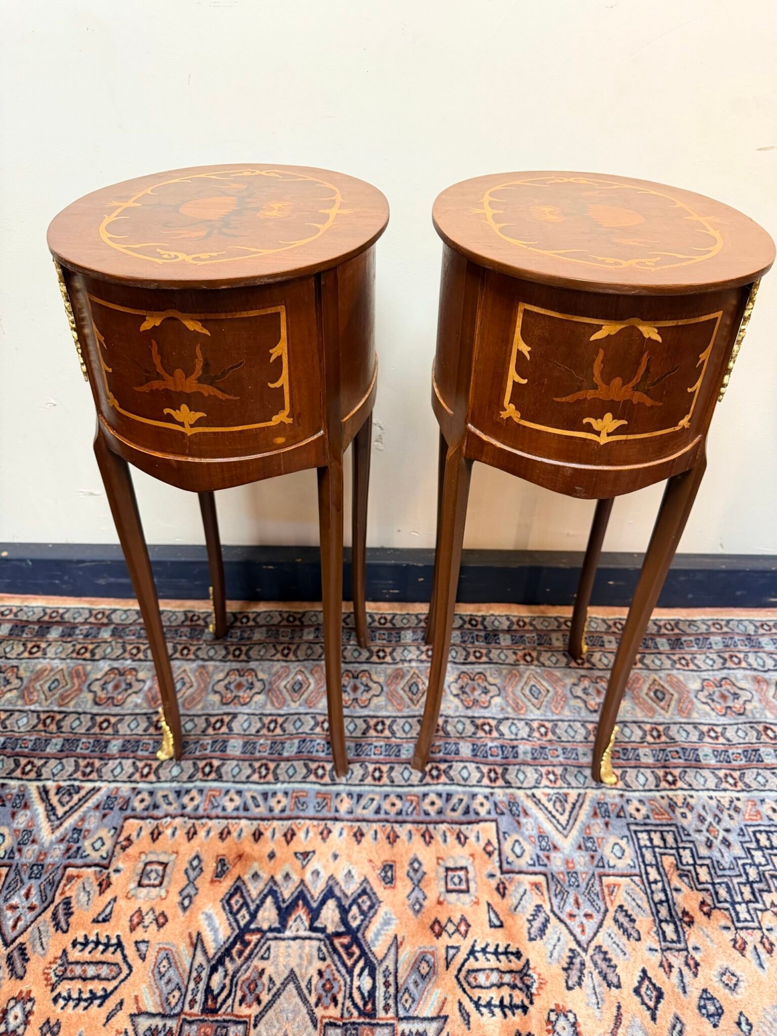 Beautiful Pair of Oval Veneer and Brass Decorated Lockers / Nightstands - Image 2