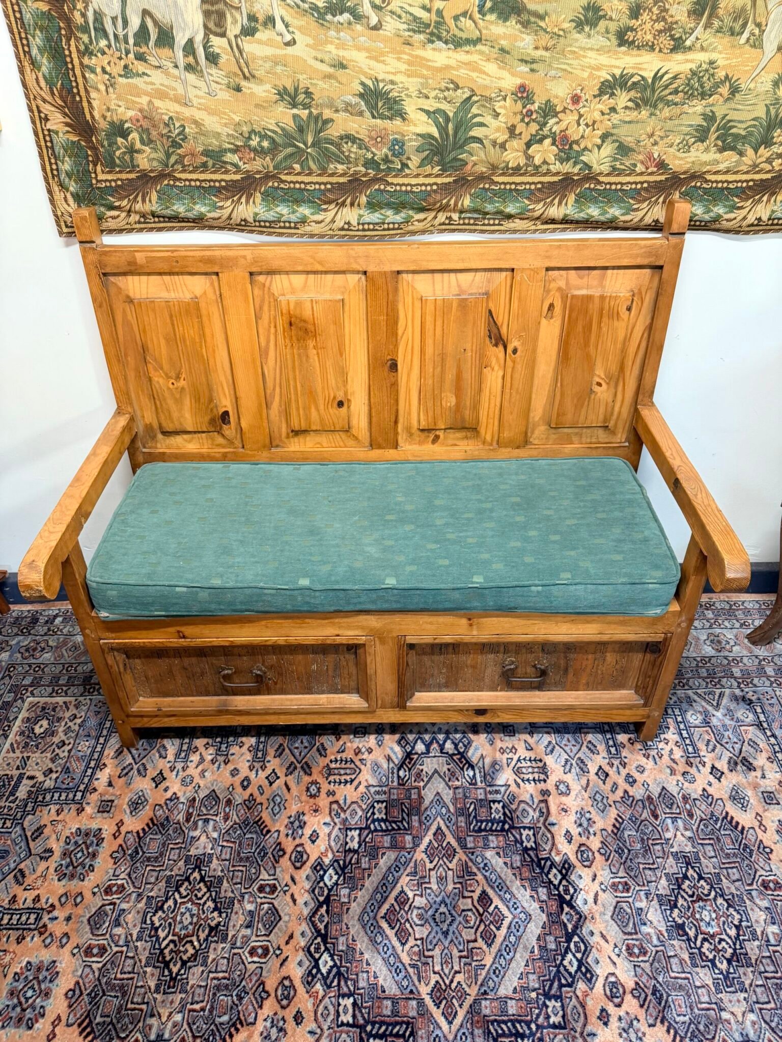Vintage Mexican Pine High Back Bench with Storage - Image 2