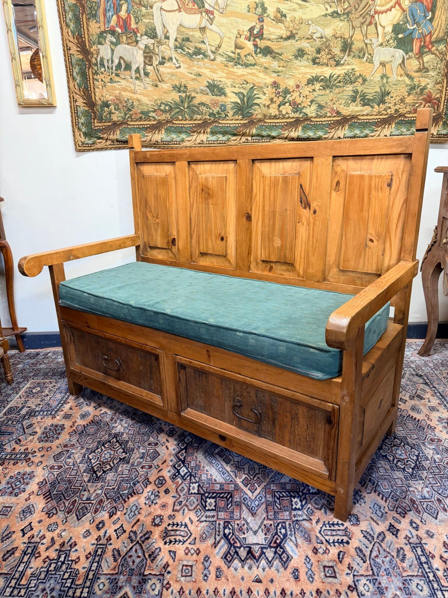 Vintage Mexican Pine High Back Bench with Storage - Image 3