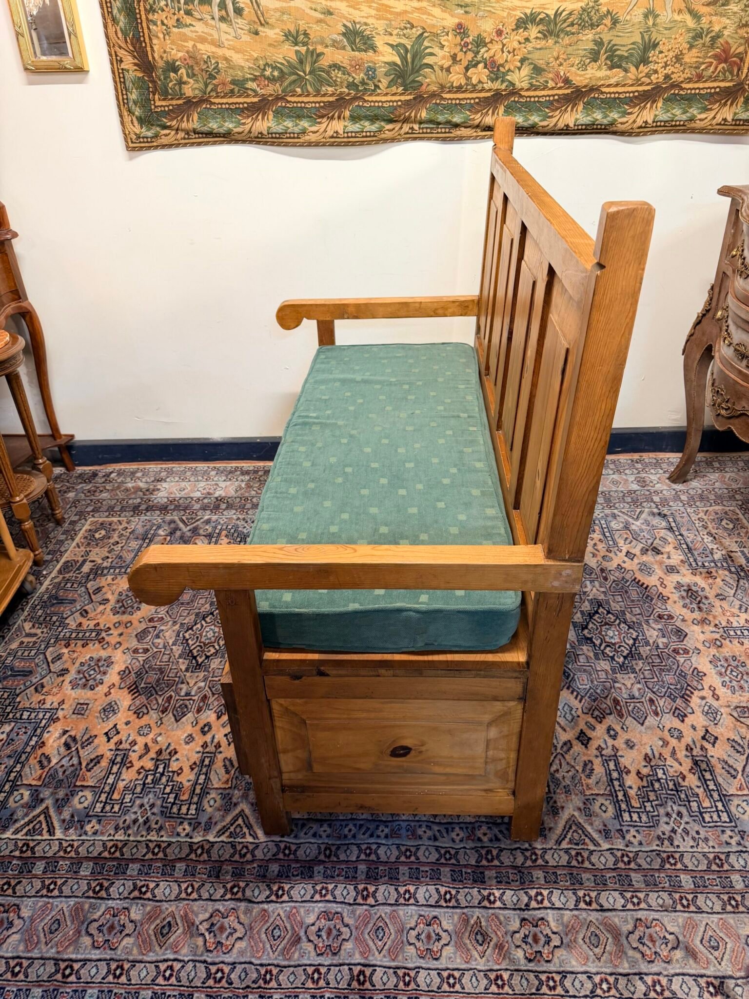 Vintage Mexican Pine High Back Bench with Storage - Image 7