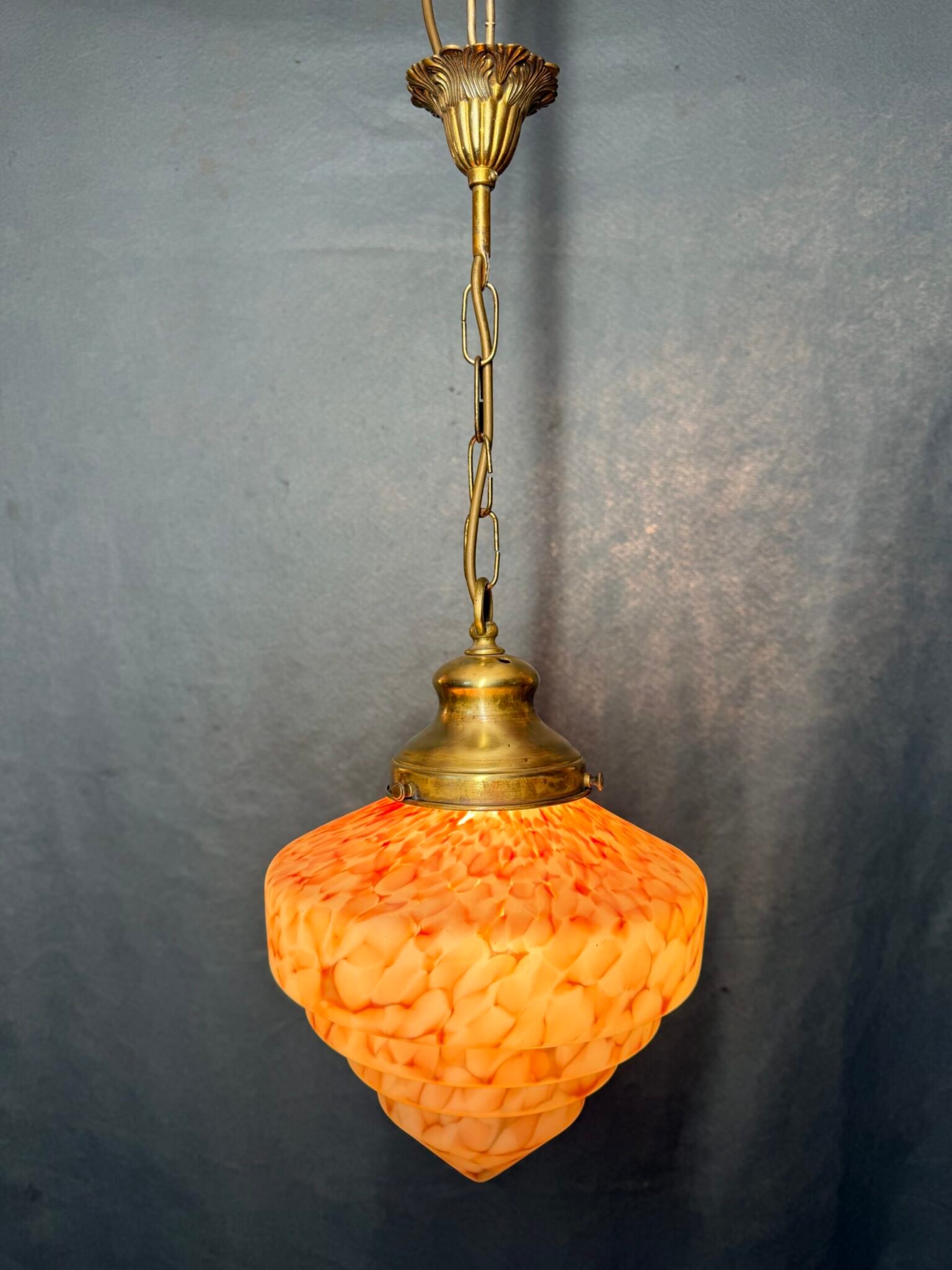 1930s French Pink & Amber Mottled Glass Ceiling Pendant Light - Image 2