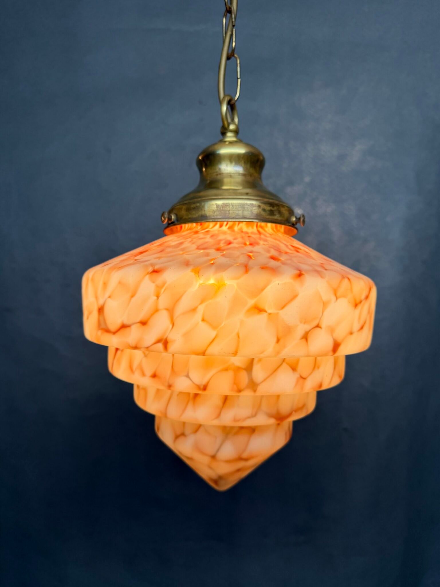 1930s French Pink & Amber Mottled Glass Ceiling Pendant Light - Image 3