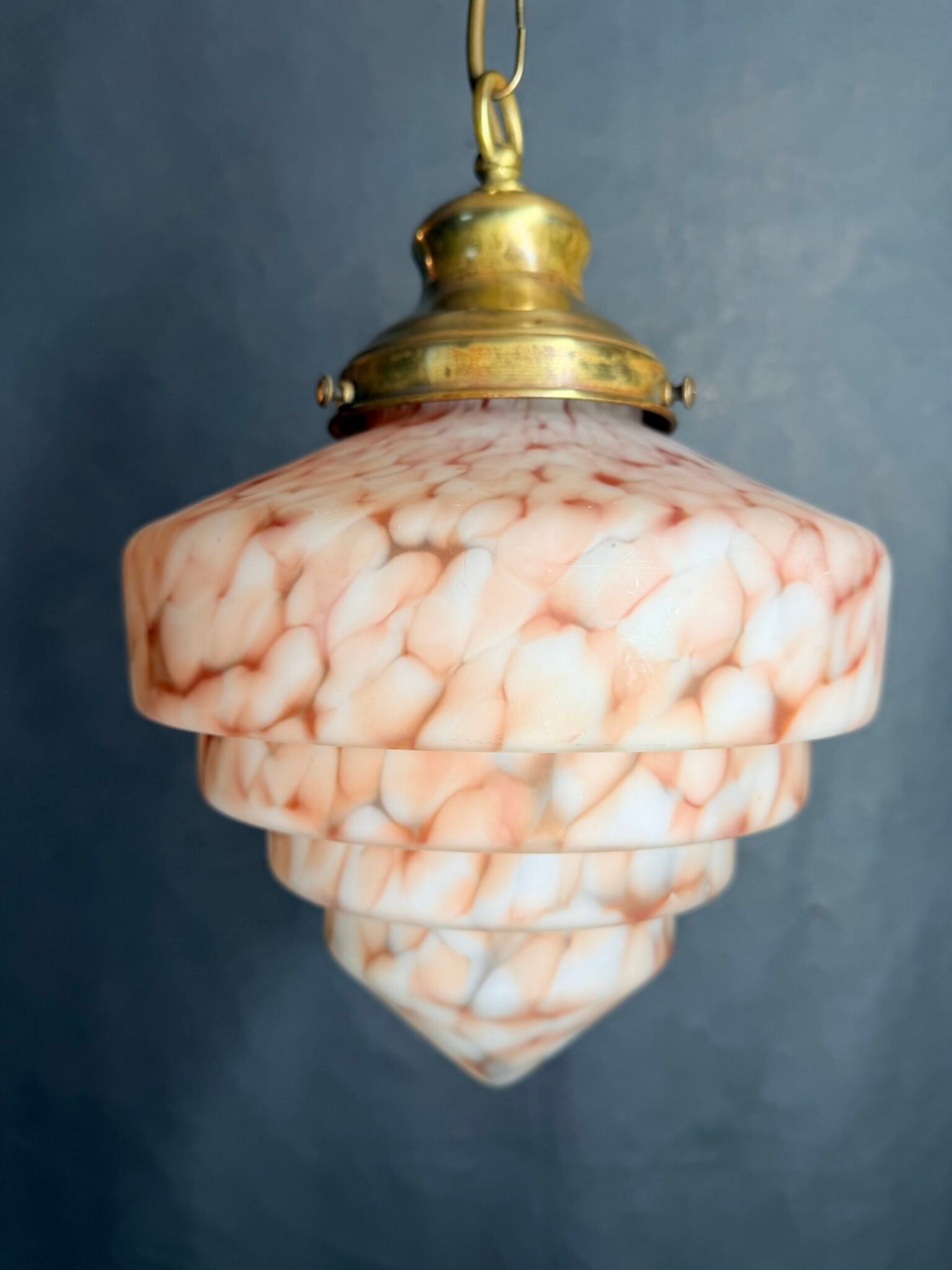 1930s French Pink & Amber Mottled Glass Ceiling Pendant Light - Image 6
