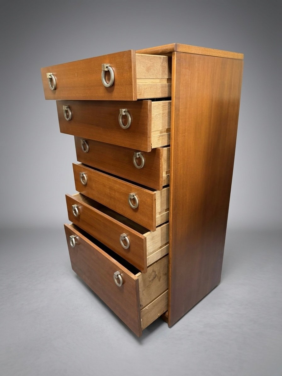 Stunning Mid Century Teak Tallboy with Six Drawers and Chrome Pulls - Image 5