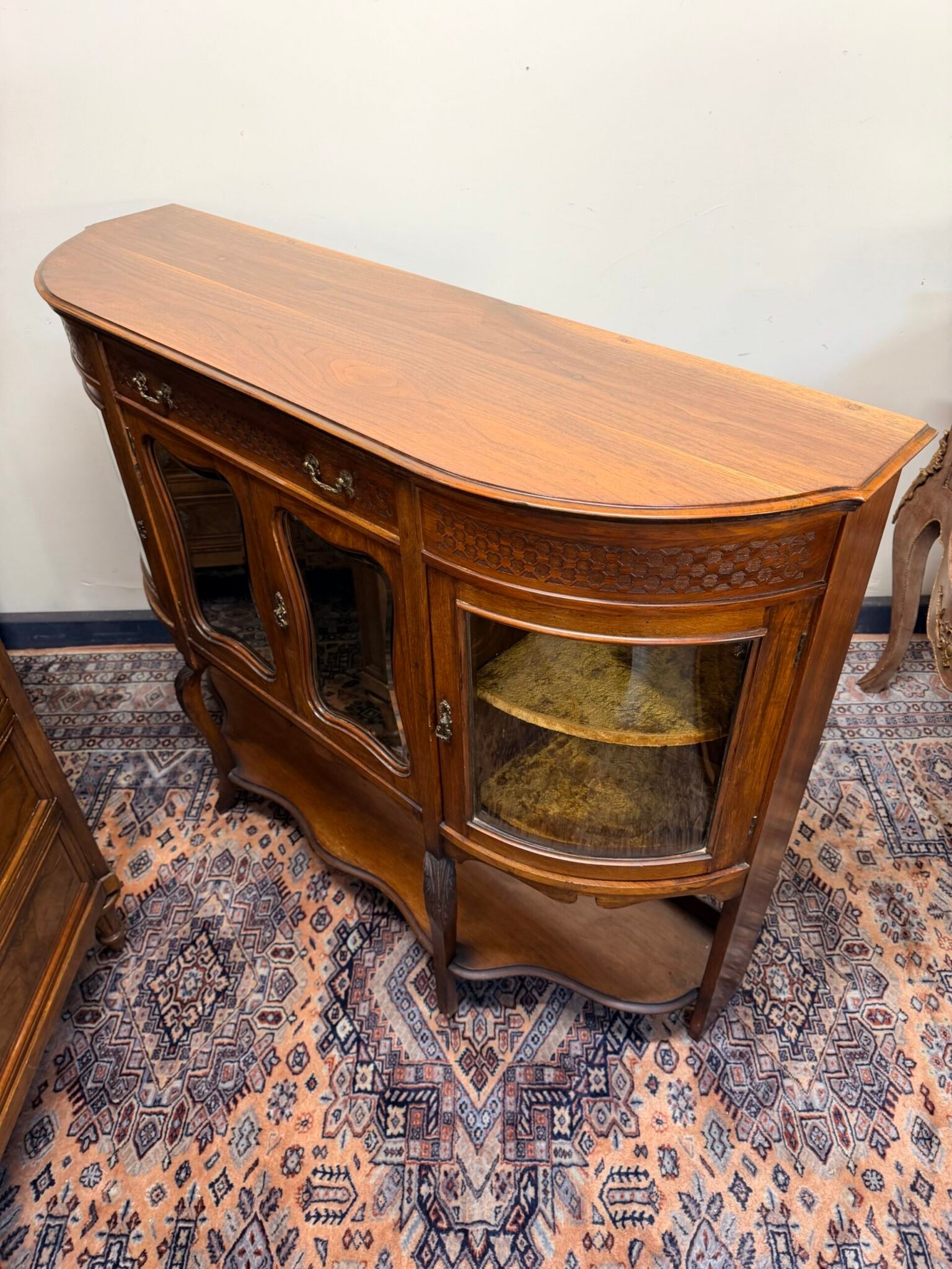 Early 20th Century Bow Front Walnut Display Cabinet with Beveled Glass Doors - Image 8