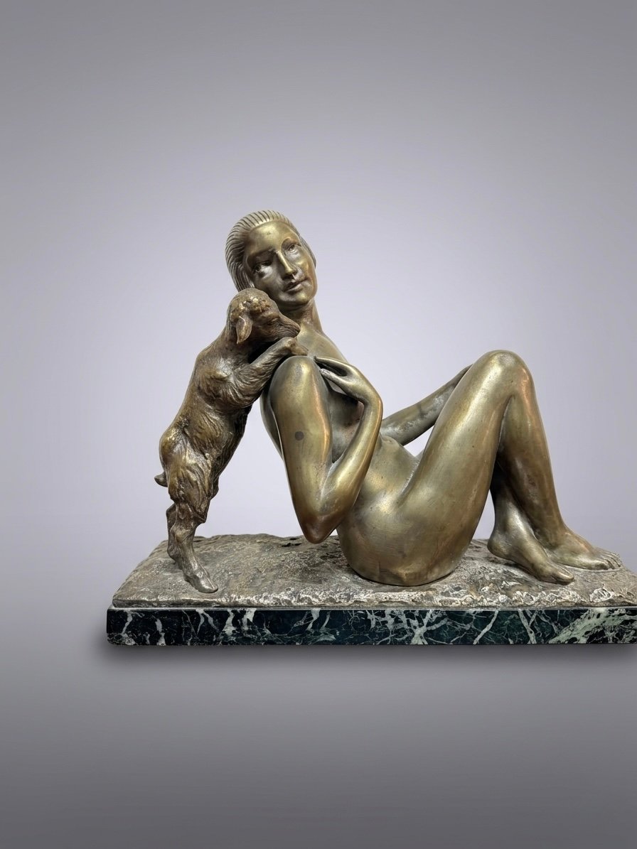 Germain Oury Desruelles Art Deco Bronze Statue “Femme nue à l’agneau” – c.1925 - Image 5