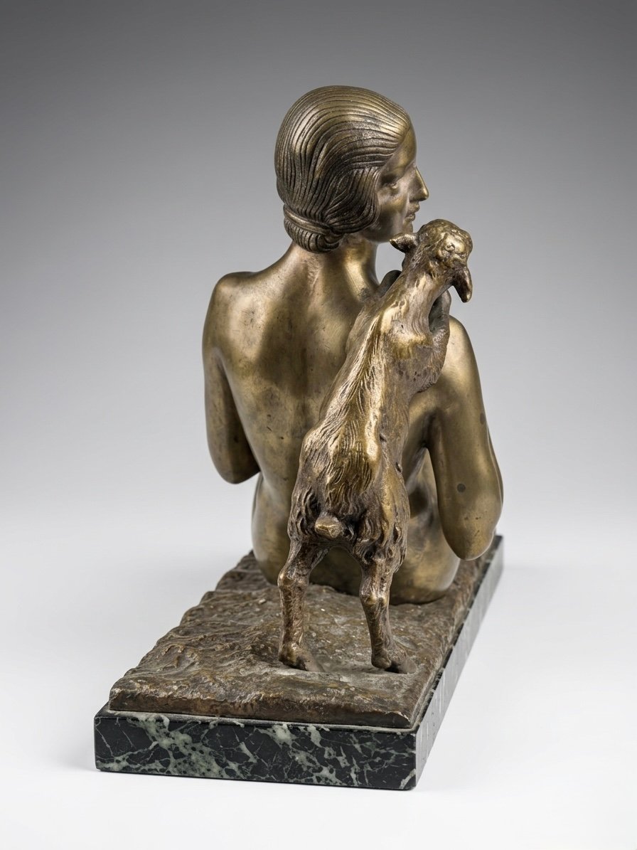 Germain Oury Desruelles Art Deco Bronze Statue “Femme nue à l’agneau” – c.1925 - Image 4