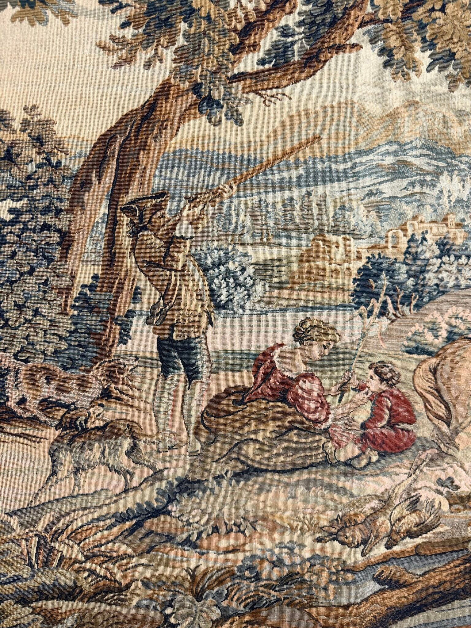 Vintage Hunting Scene Tapestry with Iron Rail - Image 4