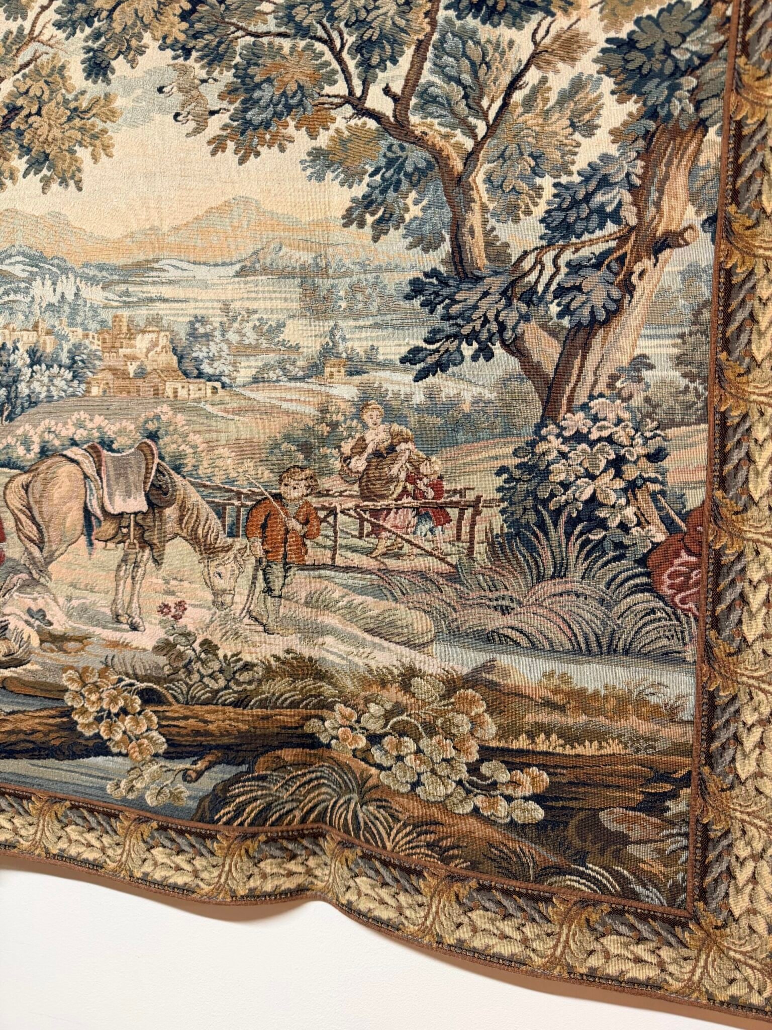 Vintage Hunting Scene Tapestry with Iron Rail - Image 3