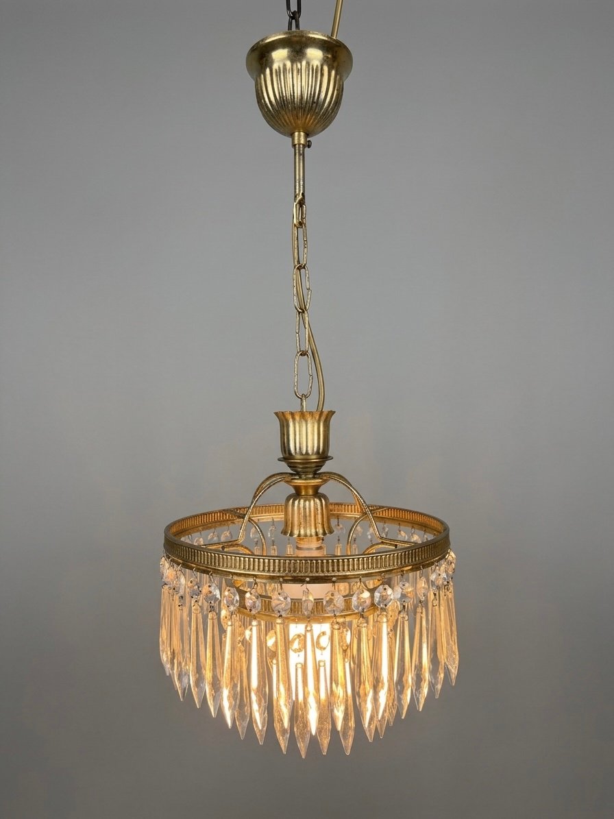 Vintage 1960s French Brass & Crystal Waterfall Chandelier - Image 3