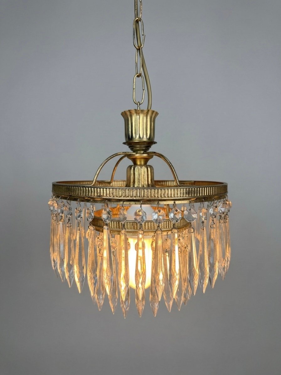 Vintage 1960s French Brass & Crystal Waterfall Chandelier - Image 4