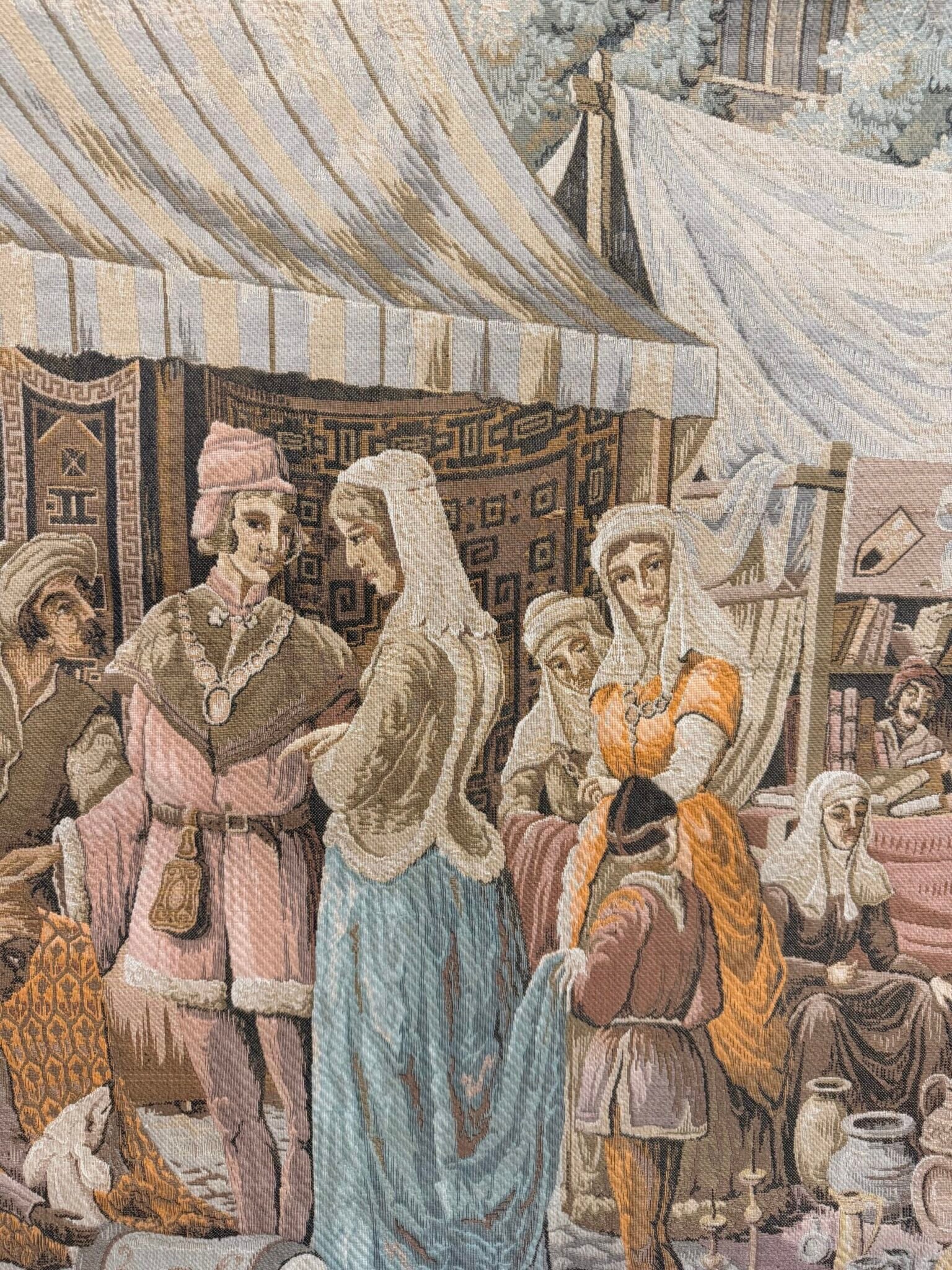 Vintage French Medieval Street Market Scene Tapestry - Image 2