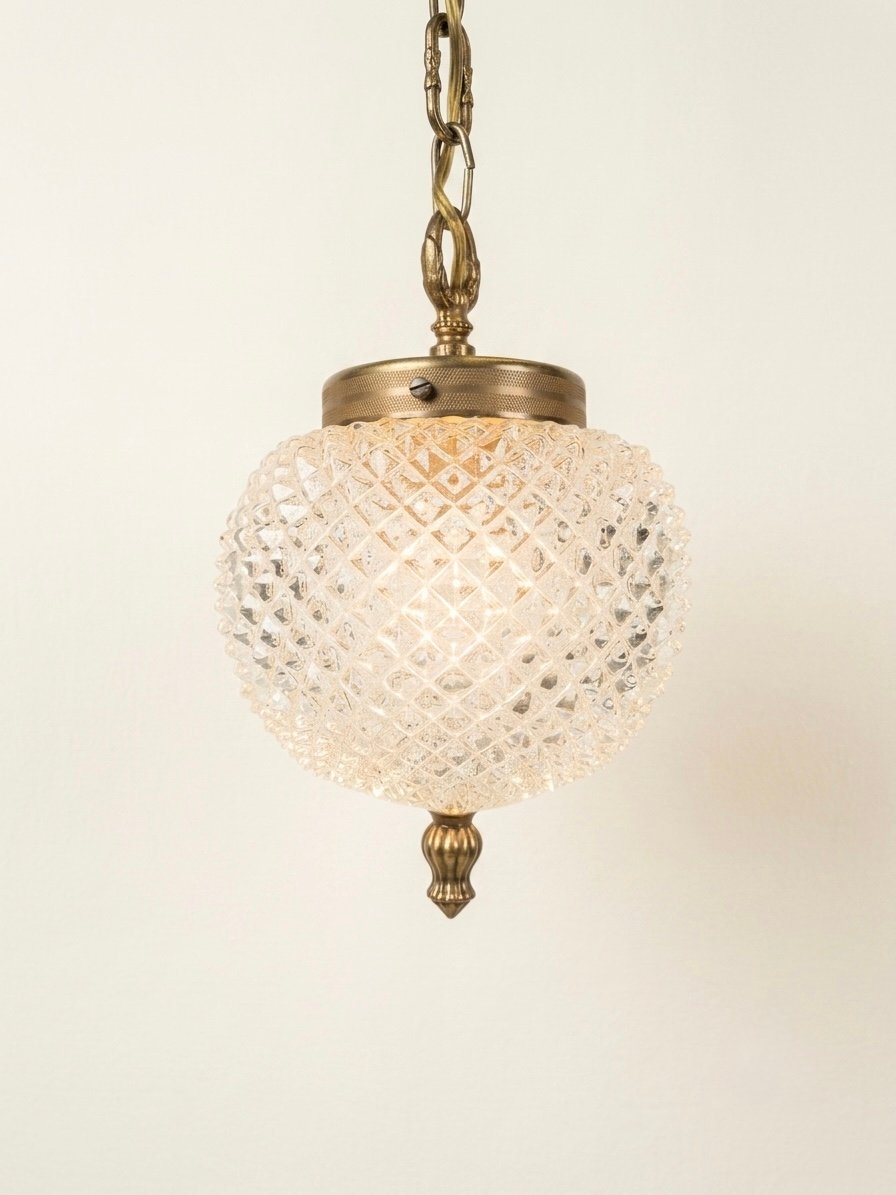Vintage Textured Glass & Brass Pendant Light - Image 4