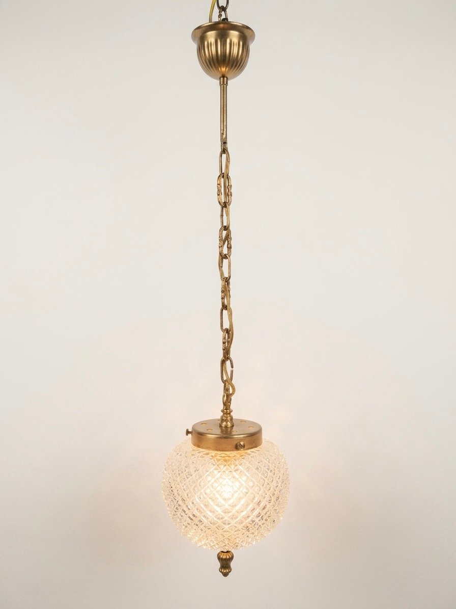 Vintage Textured Glass & Brass Pendant Light - Image 3