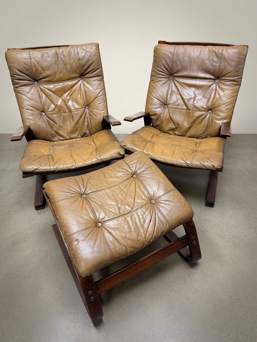 Superb Mid-Century Norwegian Lounge Chairs with Footstool Attributed to Elsa & Nordahl Solheim - Image 2