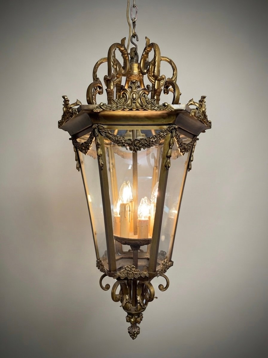Large French Gilded Bronze Hall Lantern with Cut Glass Panels - Image 6