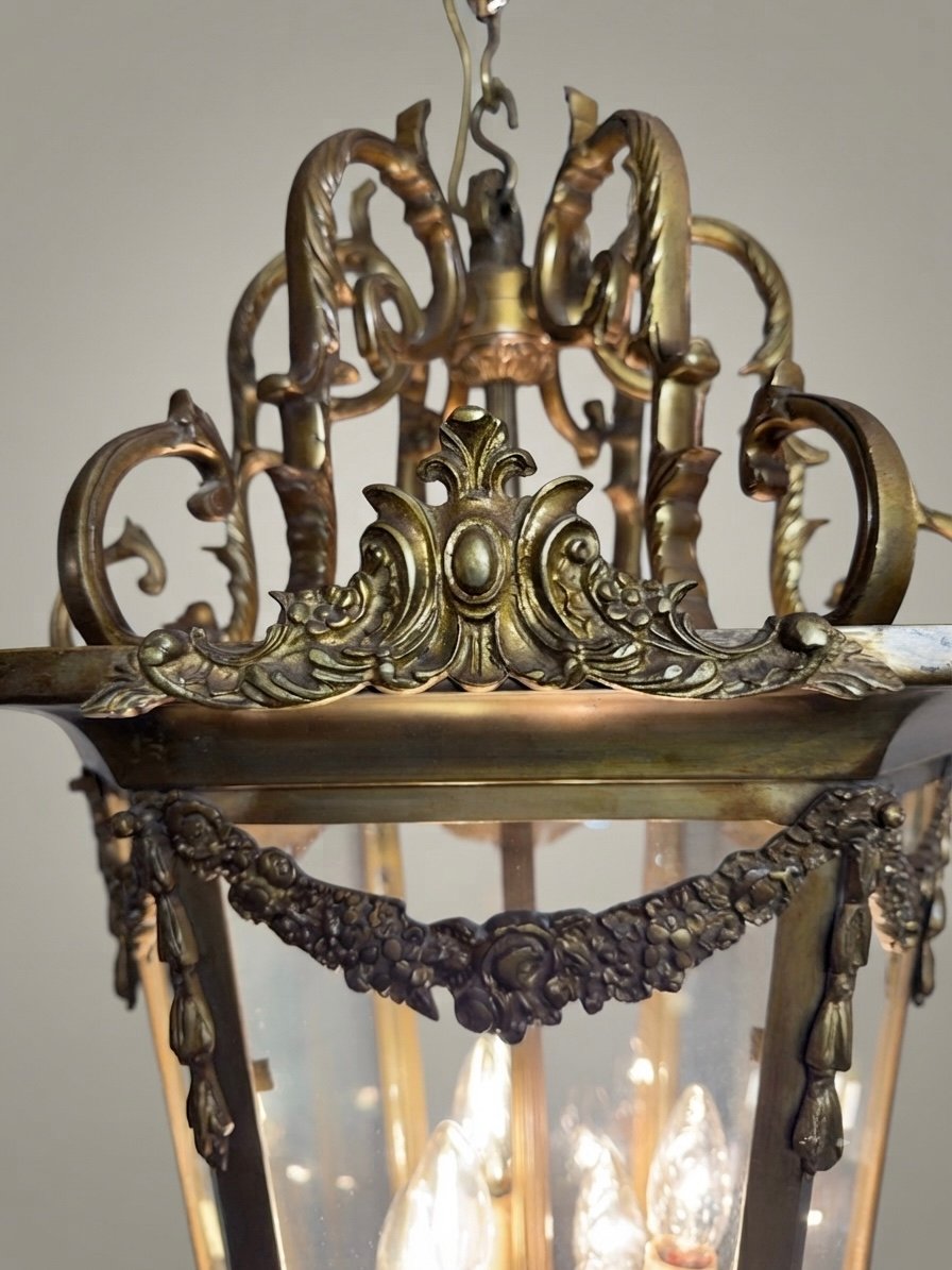 Large French Gilded Bronze Hall Lantern with Cut Glass Panels - Image 4