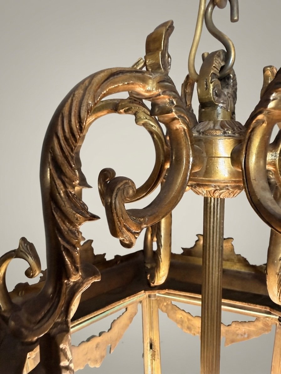 Large French Gilded Bronze Hall Lantern with Cut Glass Panels - Image 2
