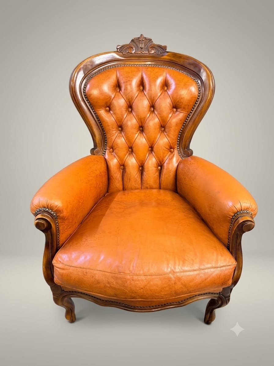 Vintage French Walnut & Brown Leather Armchair - Image 2