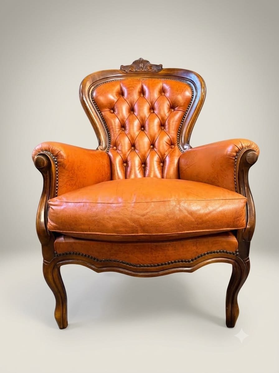Vintage French Walnut & Brown Leather Armchair - Image 5