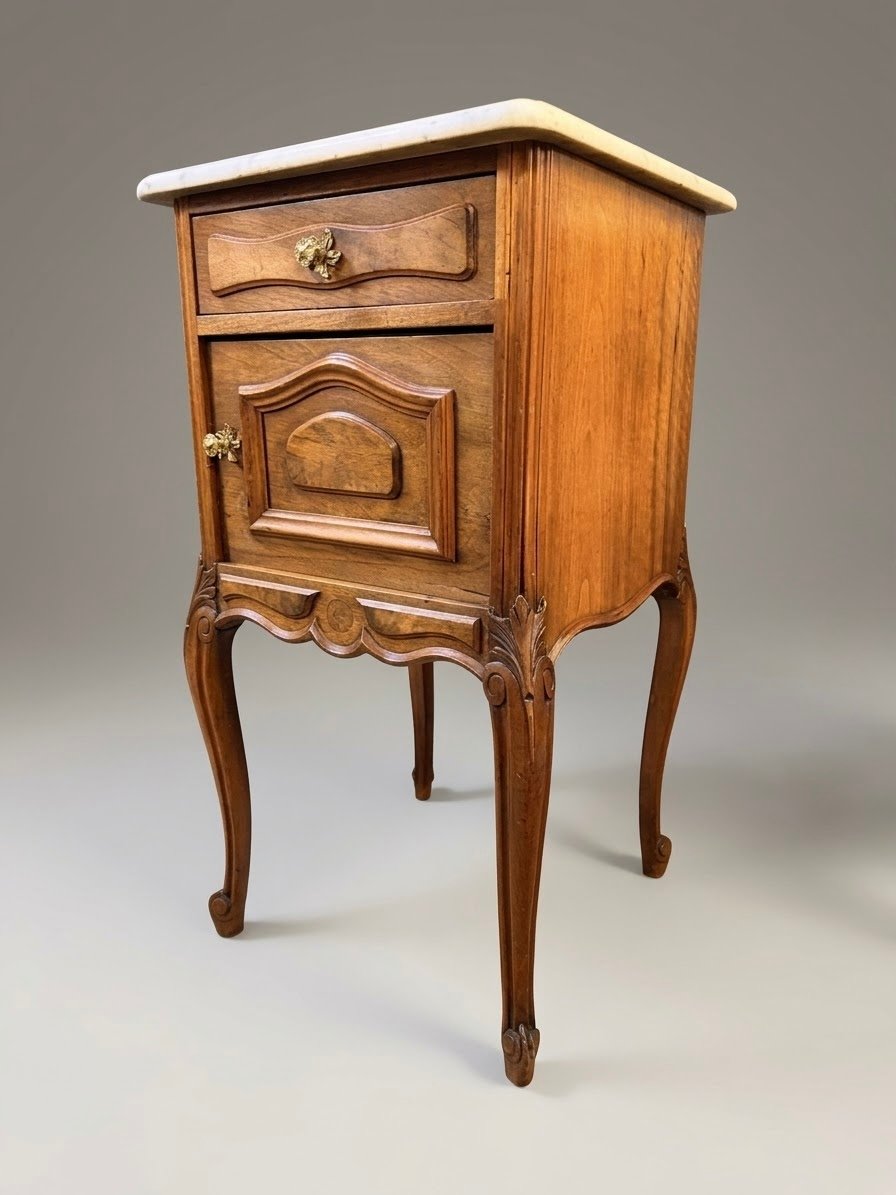 Exceptional Pair of Early 20th-Century Walnut & Marble-Top Bedside Cabinets - Image 2