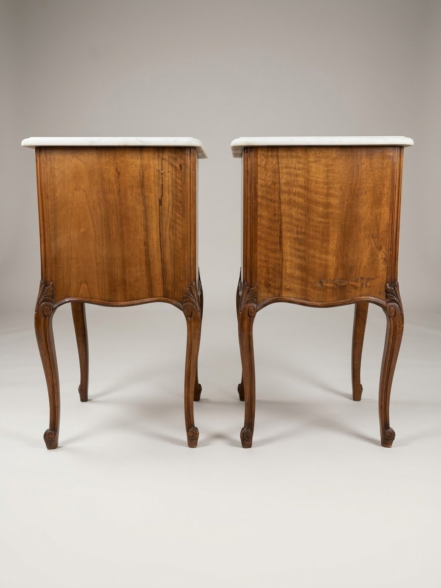 Exceptional Pair of Early 20th-Century Walnut & Marble-Top Bedside Cabinets - Image 3