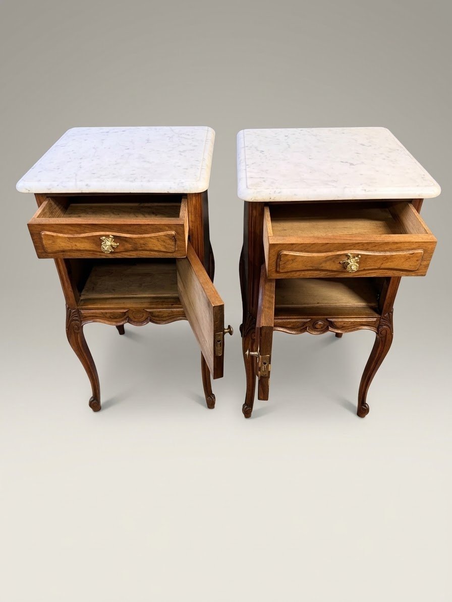 Exceptional Pair of Early 20th-Century Walnut & Marble-Top Bedside Cabinets - Image 4