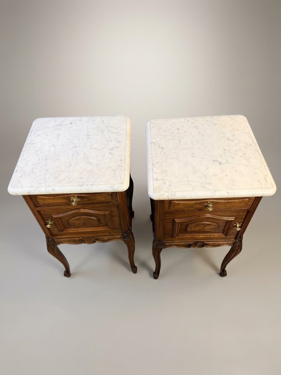 Exceptional Pair of Early 20th-Century Walnut & Marble-Top Bedside Cabinets - Image 5