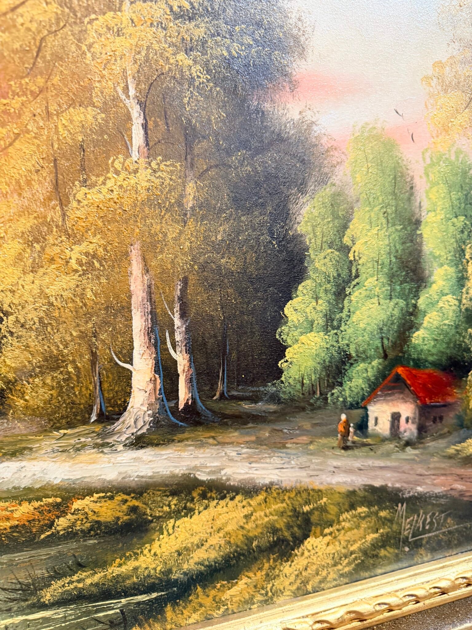 Scenic Forest & Lakeside Landscape Statement Framed Oil Painting - Image 2