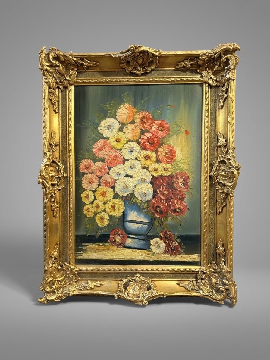 Rich Floral Still Life Ornate Framed Oil Painting