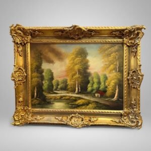 Scenic Forest & Lakeside Landscape Statement Framed Oil Painting