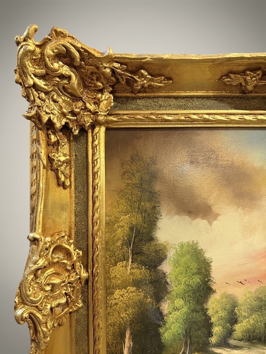 Scenic Forest & Lakeside Landscape Statement Framed Oil Painting - Image 3
