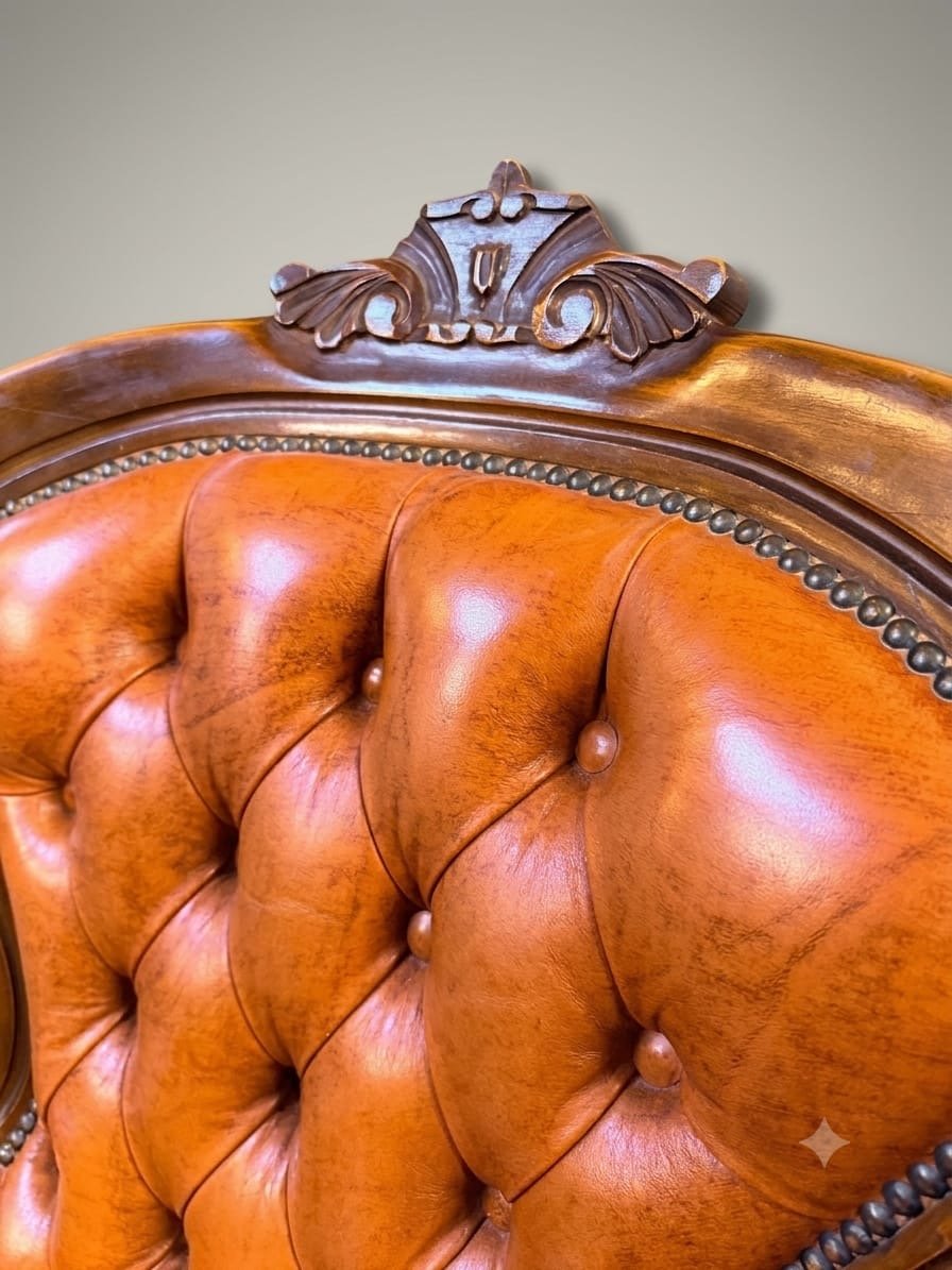 Vintage French Walnut & Brown Leather Armchair - Image 3